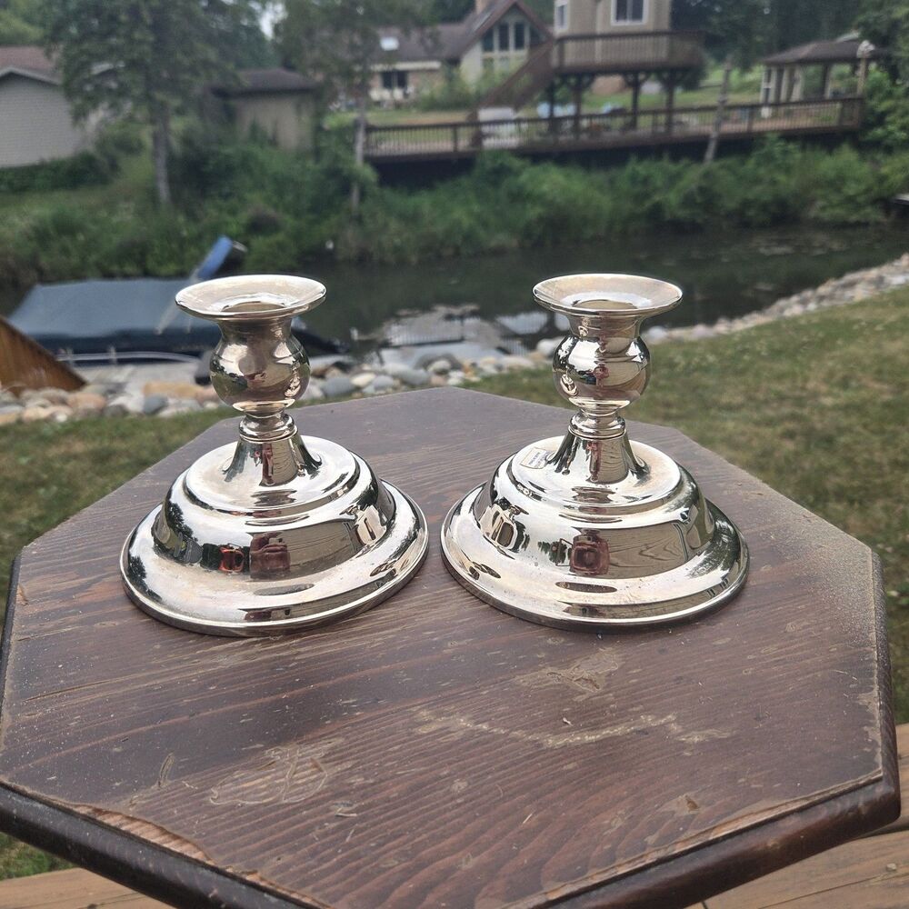 VTG Silver Plated Candlestick Holders Pair Round Base 4.5 Inch Taper